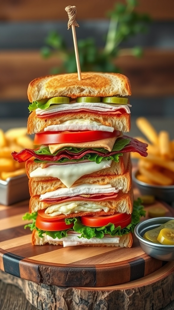 A classic club sandwich with bacon, turkey, lettuce, and tomato on toasted bread, served with chips and pickles.